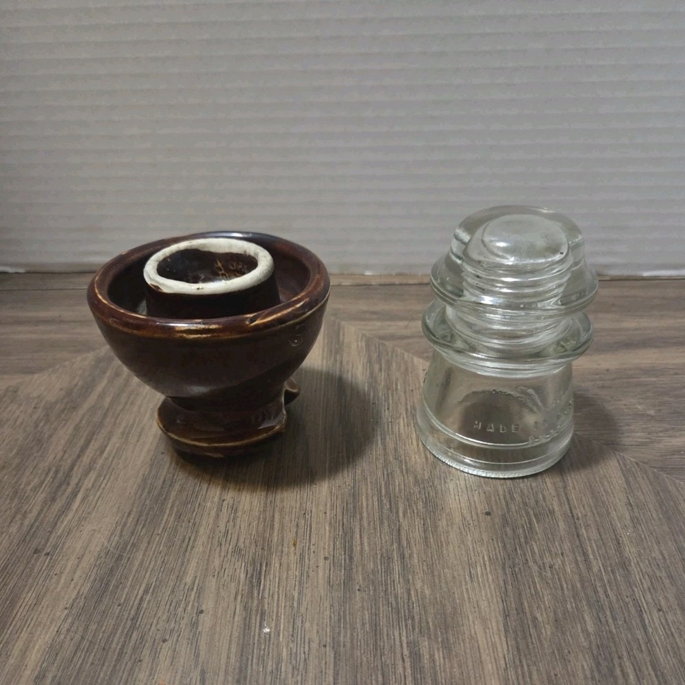 Lot of 2 vintage Utility Insulators Brown/Amber Porcelain & Clear Glass